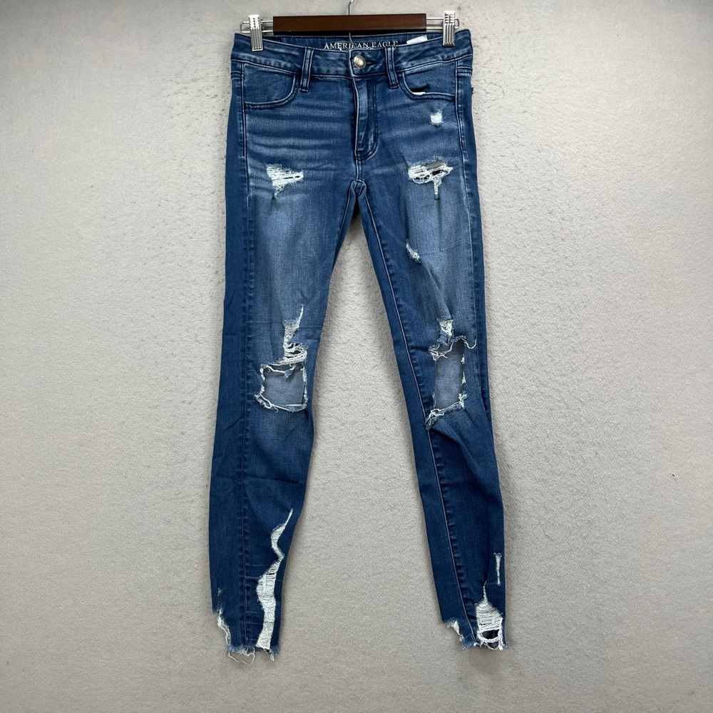 American Eagle Jeggings Women 2 Blue Super Stretch Distressed Skinny Ripped Y2K